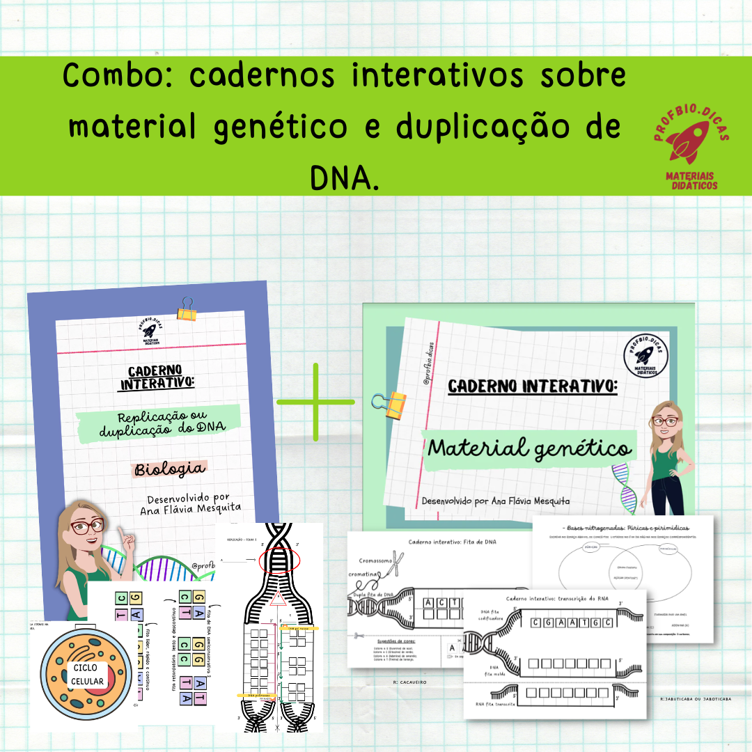 Combo cadernos interativos sobre material genético e duplicação de DNA.