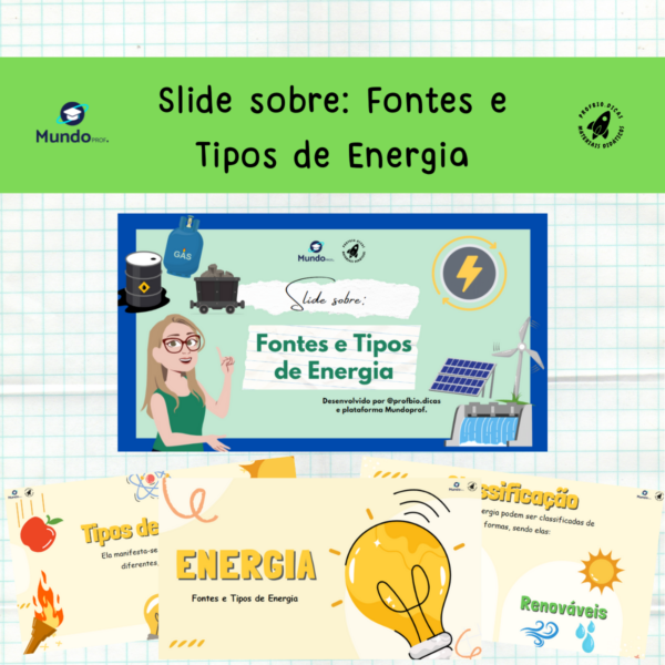 Slide sobre: Fontes e Tipos de Energia:  Tipos de Energia, Fontes de Energia, Bandeiras Tarifárias, Quilowatt-hora.